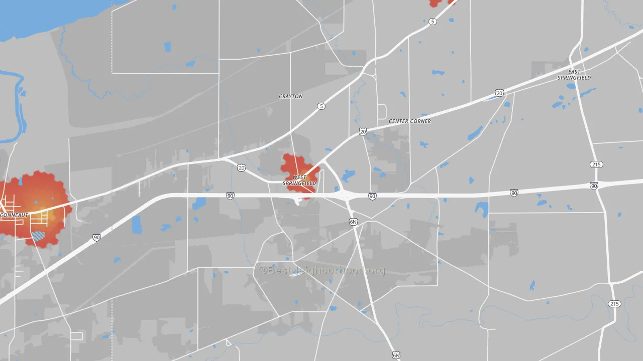 Walk Grade map of 16443, PA, walkable areas in green and car-dependent areas in red