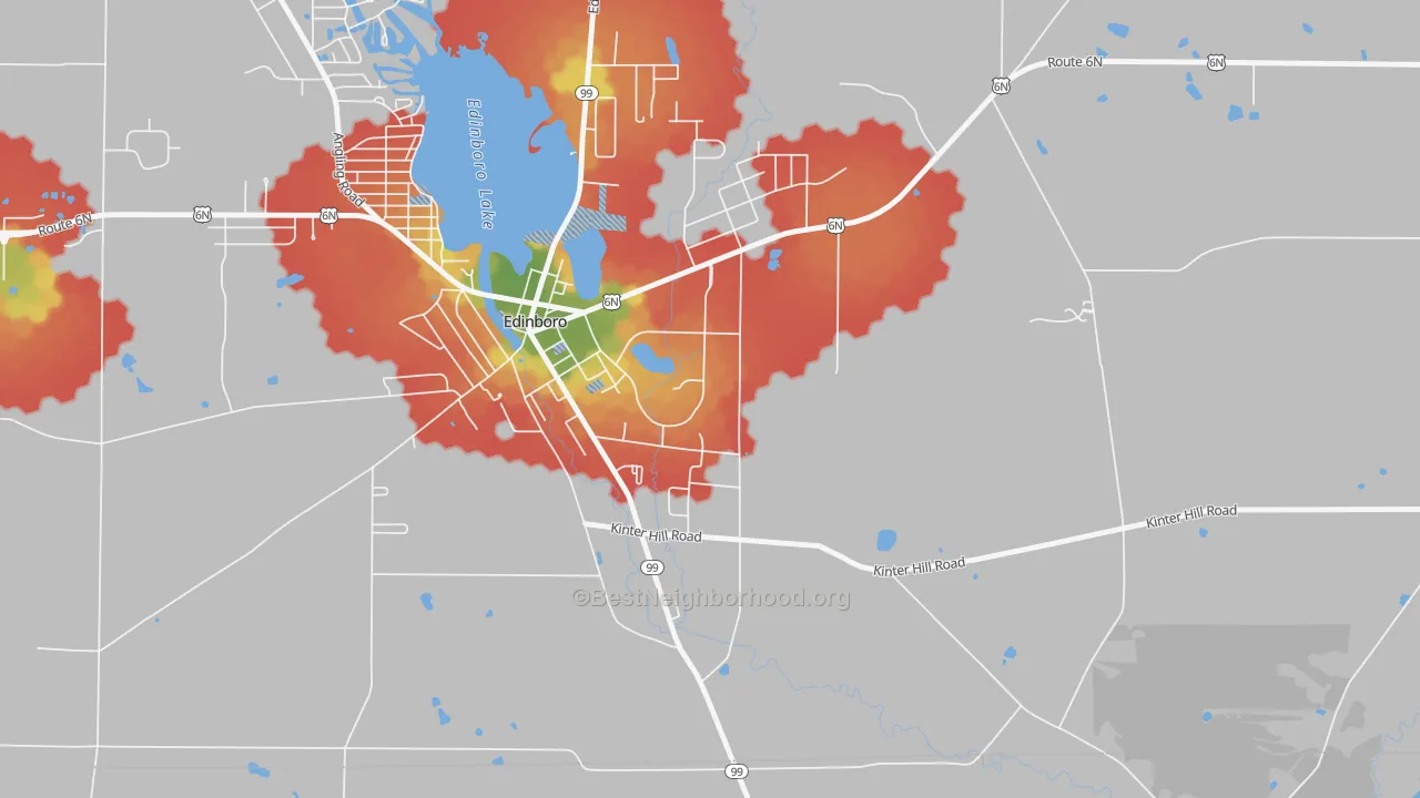 Walk Grade map of 16444, PA, walkable areas in green and car-dependent areas in red