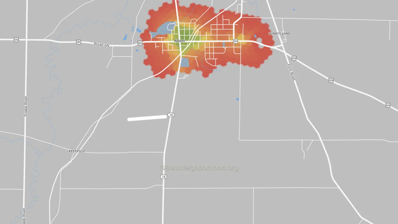 Walk Grade map of 16475, PA, walkable areas in green and car-dependent areas in red