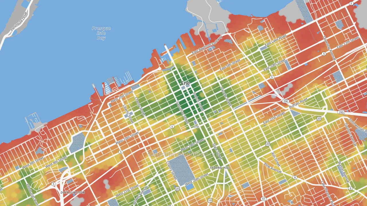 Walk Grade map of 16501, PA, walkable areas in green and car-dependent areas in red