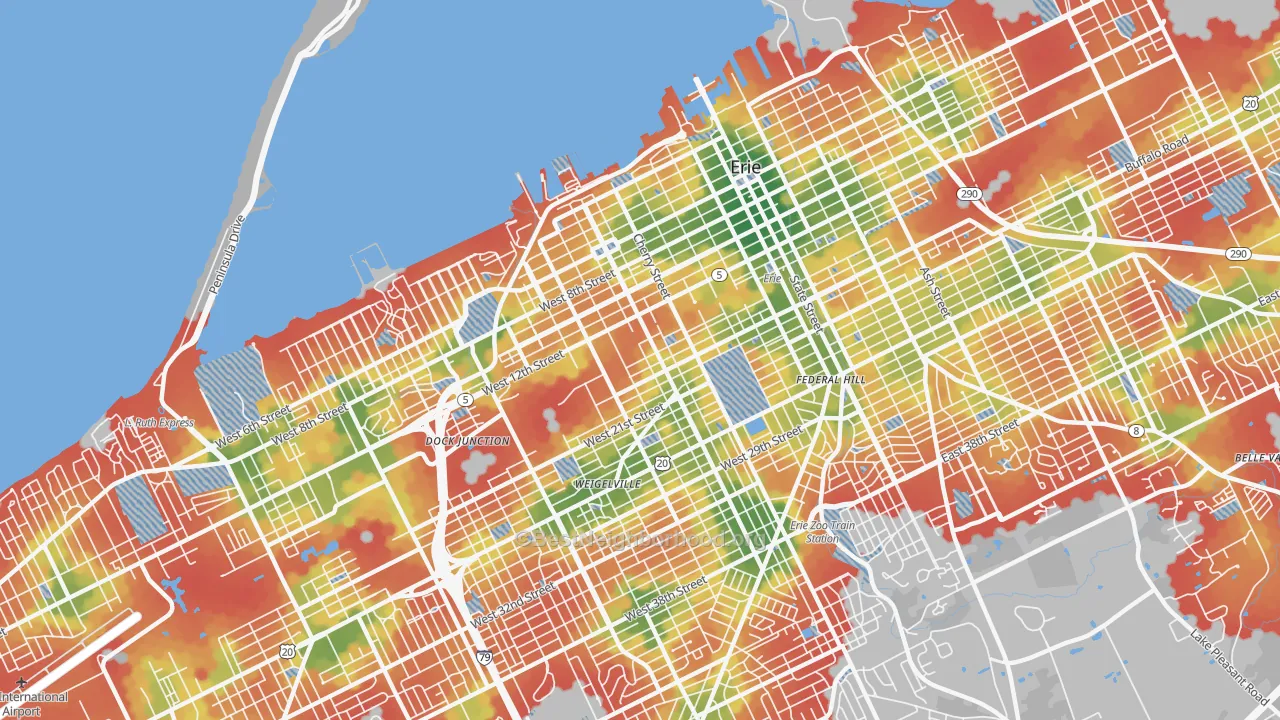 Walk Grade map of 16502, PA, walkable areas in green and car-dependent areas in red