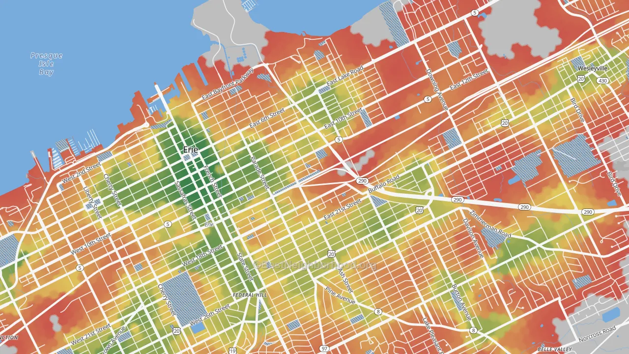 Walk Grade map of 16503, PA, walkable areas in green and car-dependent areas in red