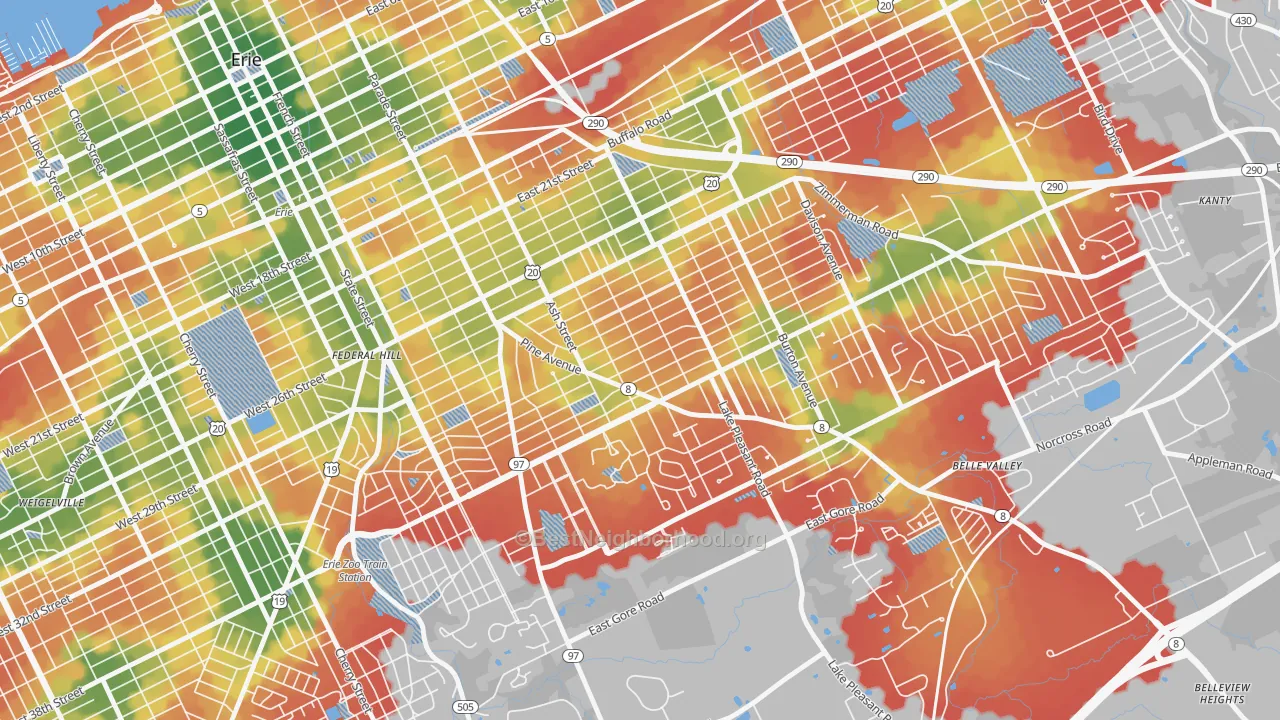 Walk Grade map of 16504, PA, walkable areas in green and car-dependent areas in red