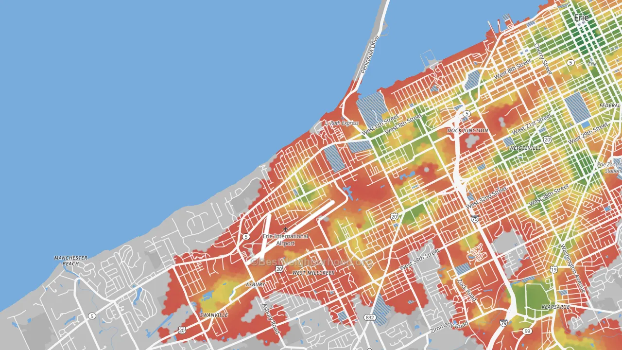 Walk Grade map of 16505, PA, walkable areas in green and car-dependent areas in red
