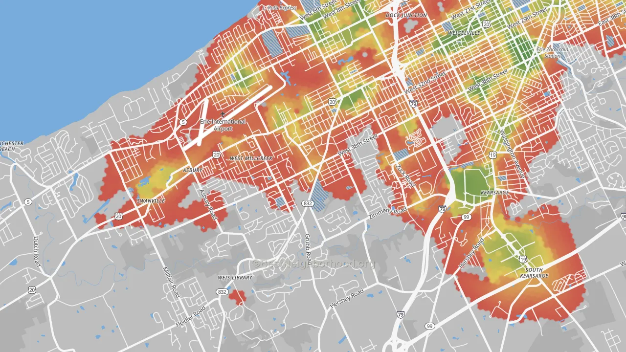 Walk Grade map of 16506, PA, walkable areas in green and car-dependent areas in red