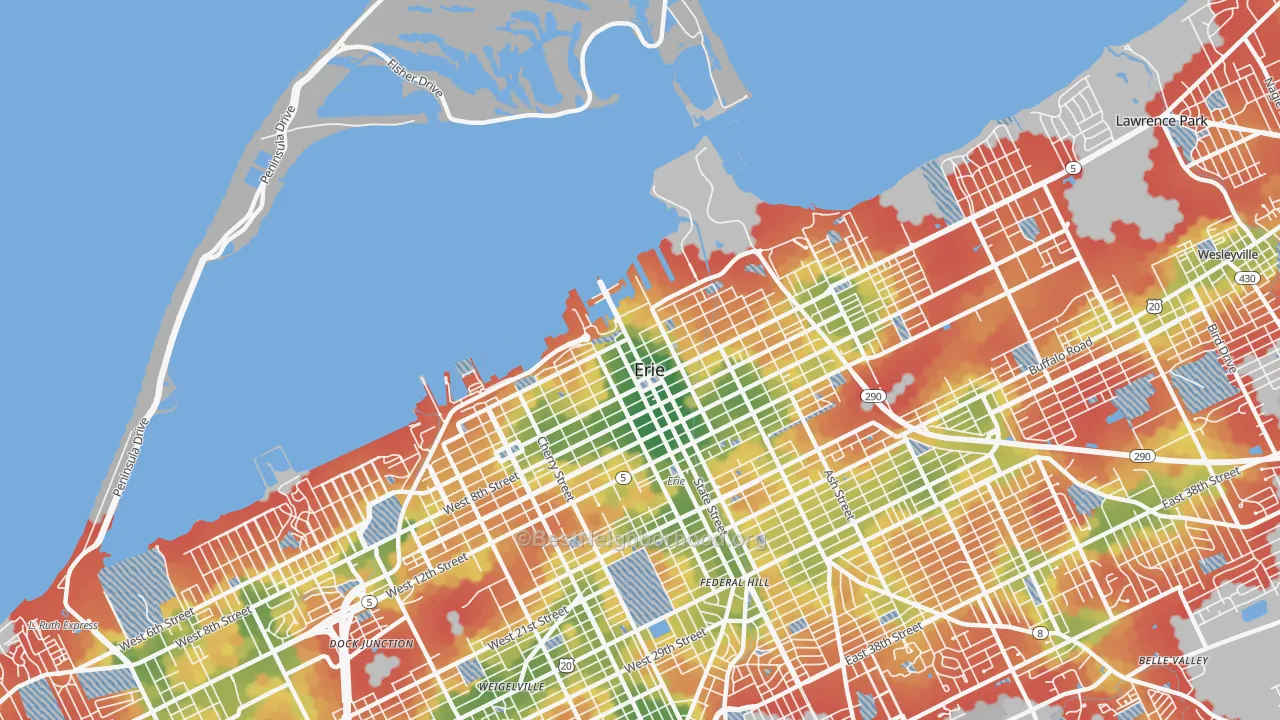 Walk Grade map of 16507, PA, walkable areas in green and car-dependent areas in red