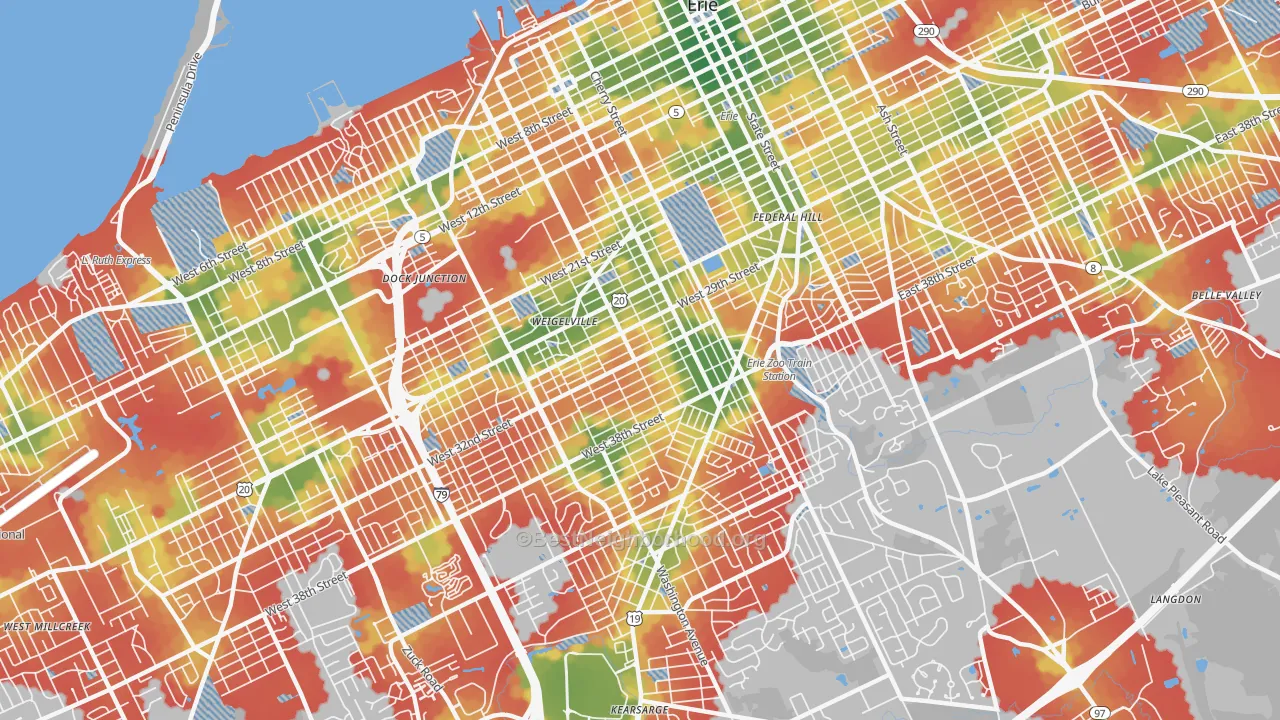 Walk Grade map of 16508, PA, walkable areas in green and car-dependent areas in red