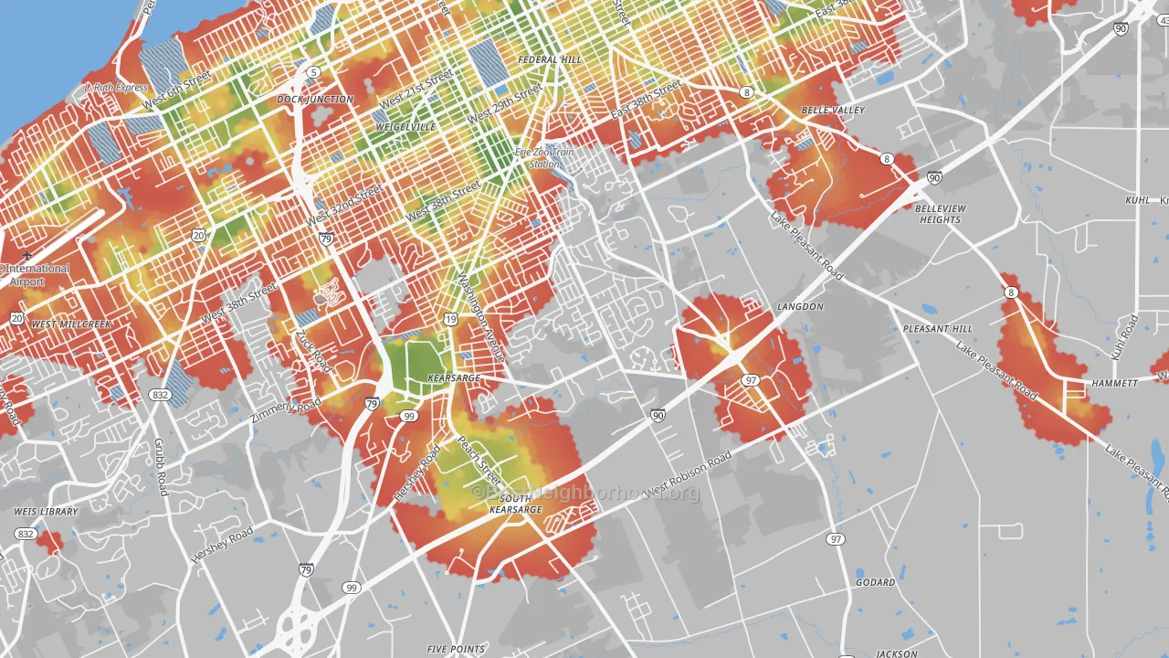 Walk Grade map of 16509, PA, walkable areas in green and car-dependent areas in red