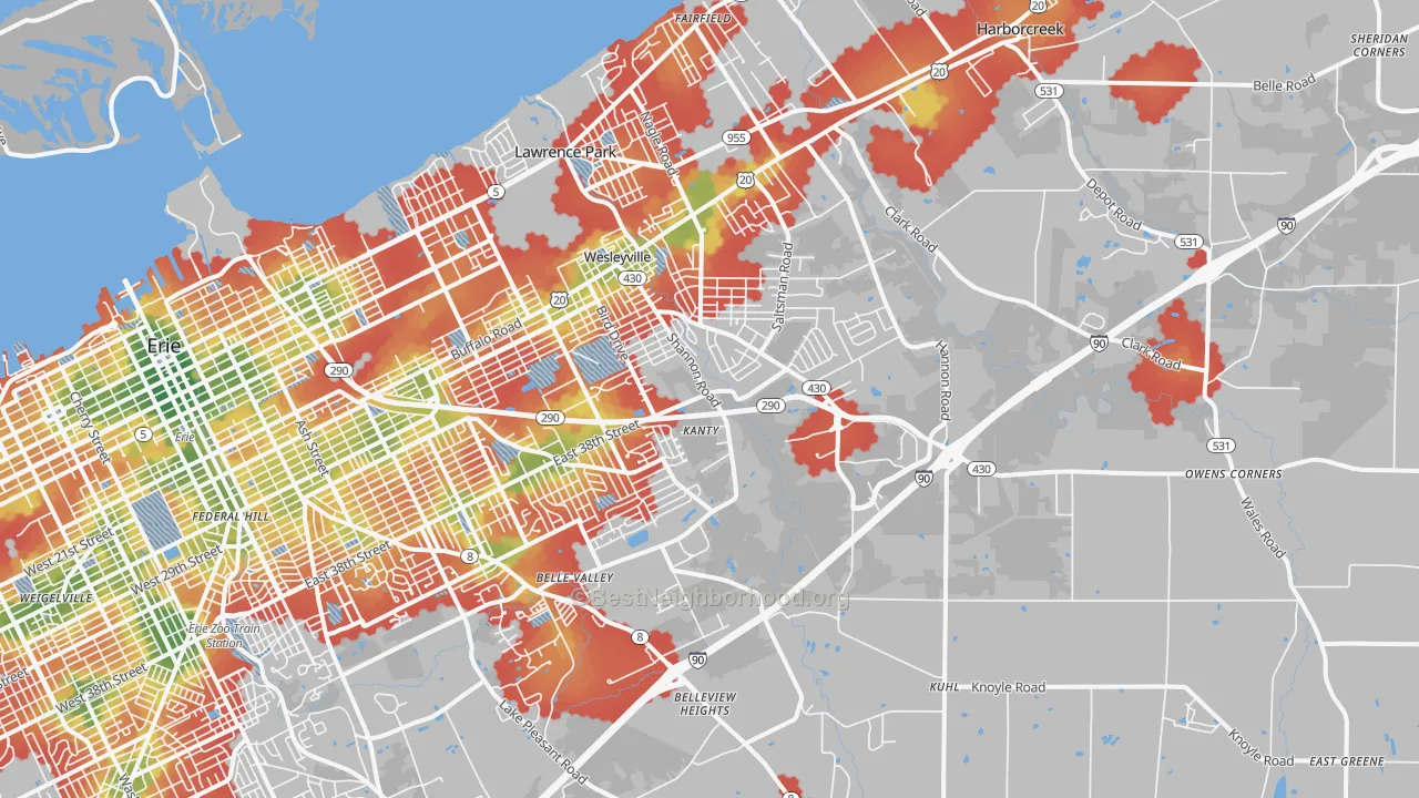 Walk Grade map of 16510, PA, walkable areas in green and car-dependent areas in red