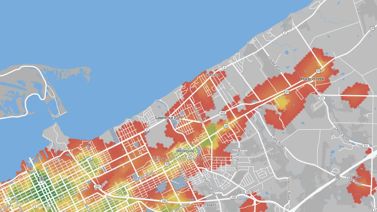 Walk Grade map of 16511, PA, walkable areas in green and car-dependent areas in red