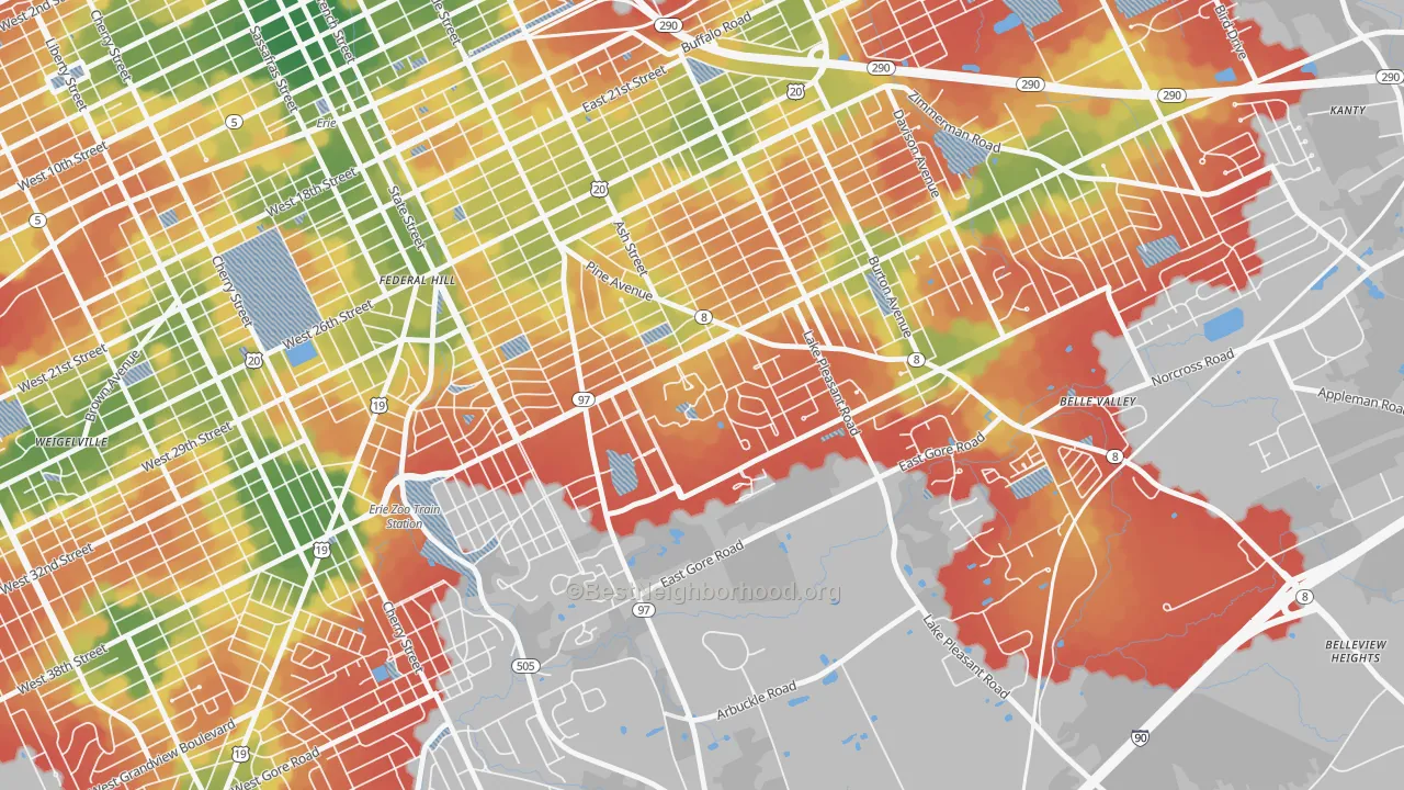 Walk Grade map of 16546, PA, walkable areas in green and car-dependent areas in red