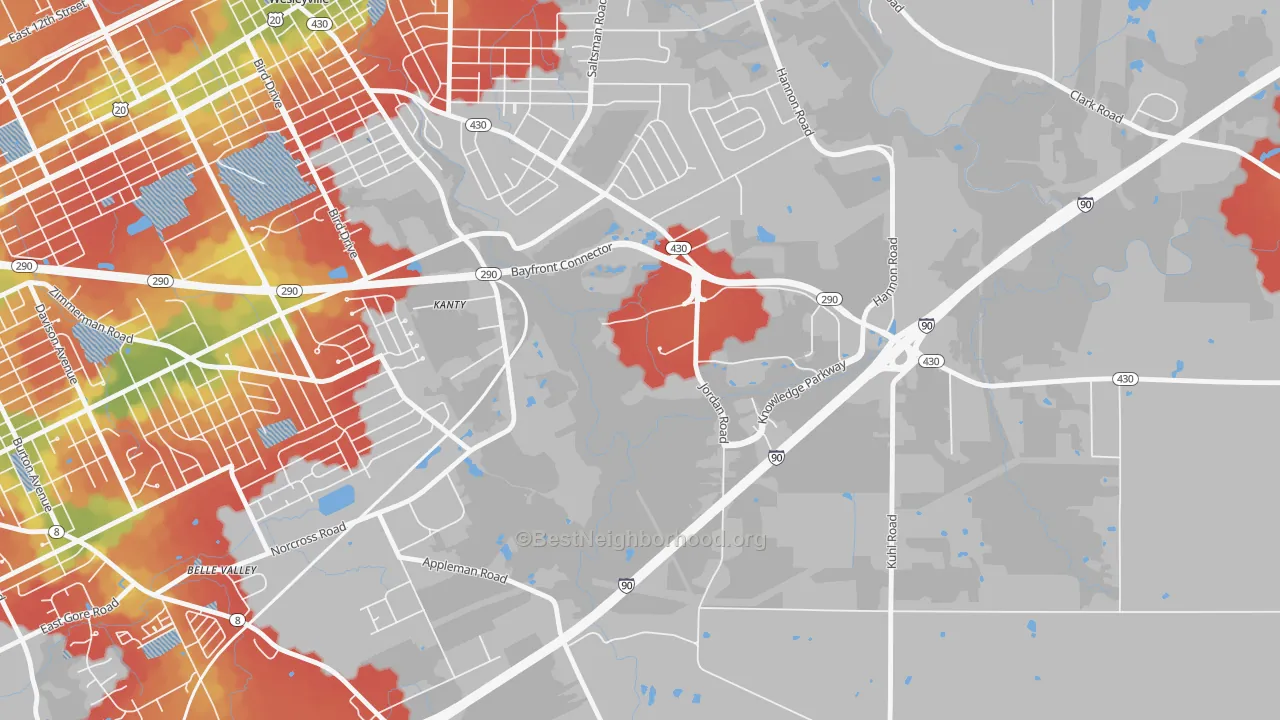 Walk Grade map of 16563, PA, walkable areas in green and car-dependent areas in red