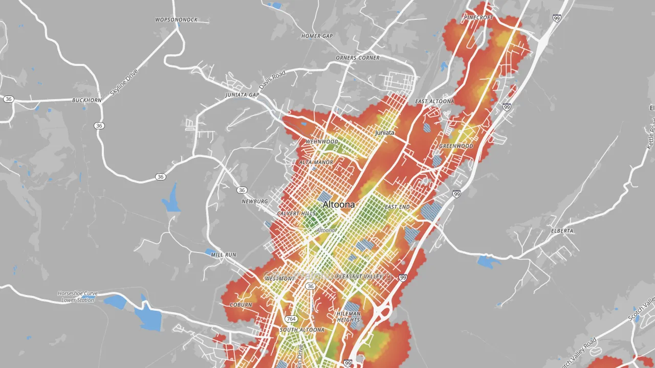 Walk Grade map of 16601, PA, walkable areas in green and car-dependent areas in red