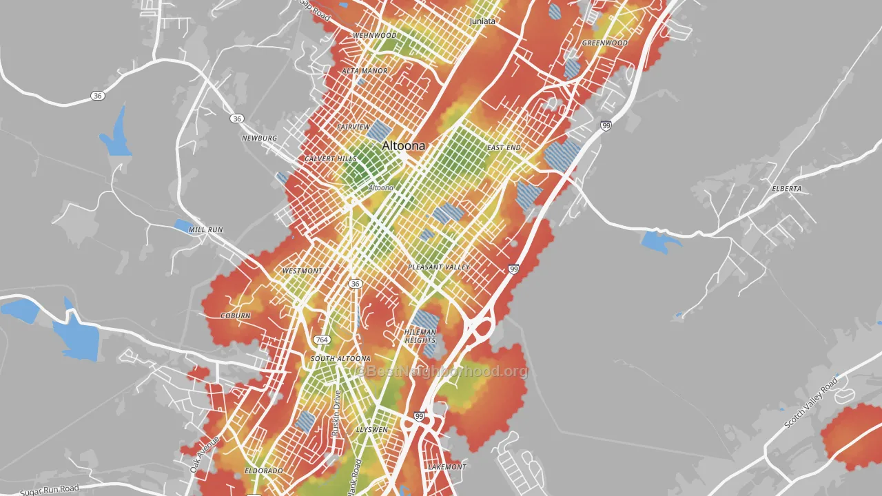 Walk Grade map of 16602, PA, walkable areas in green and car-dependent areas in red