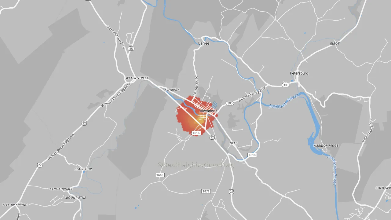 Walk Grade map of 16611, PA, walkable areas in green and car-dependent areas in red