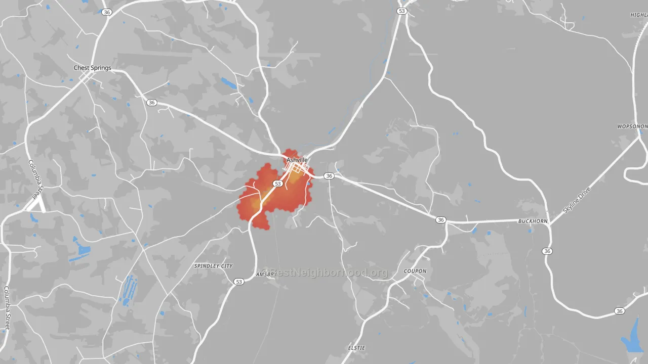Walk Grade map of 16613, PA, walkable areas in green and car-dependent areas in red