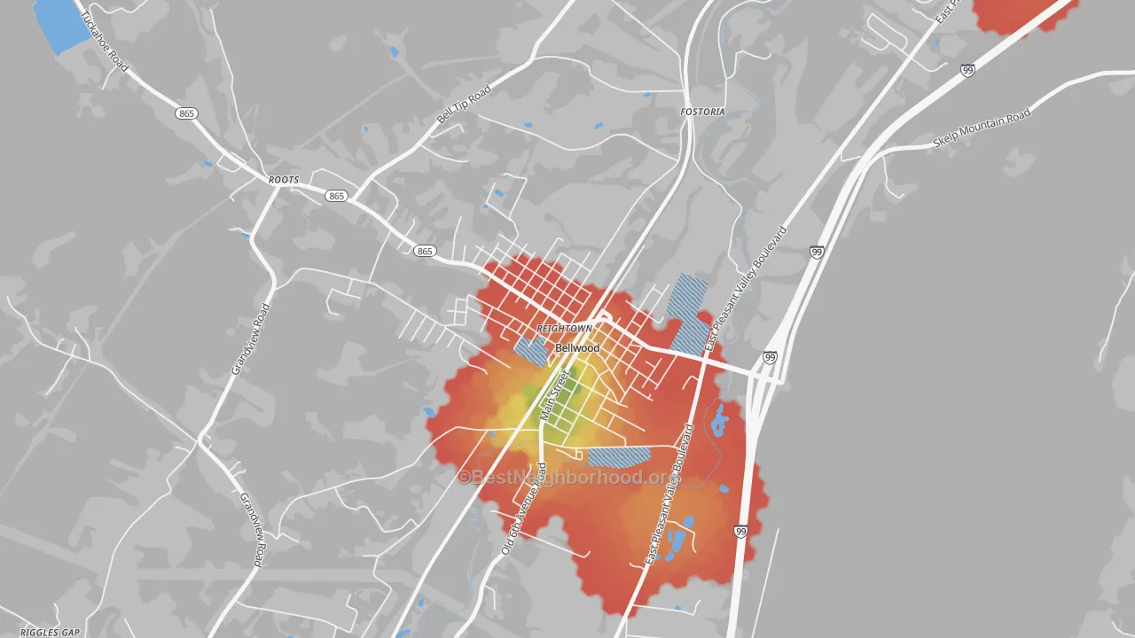 Walk Grade map of 16617, PA, walkable areas in green and car-dependent areas in red
