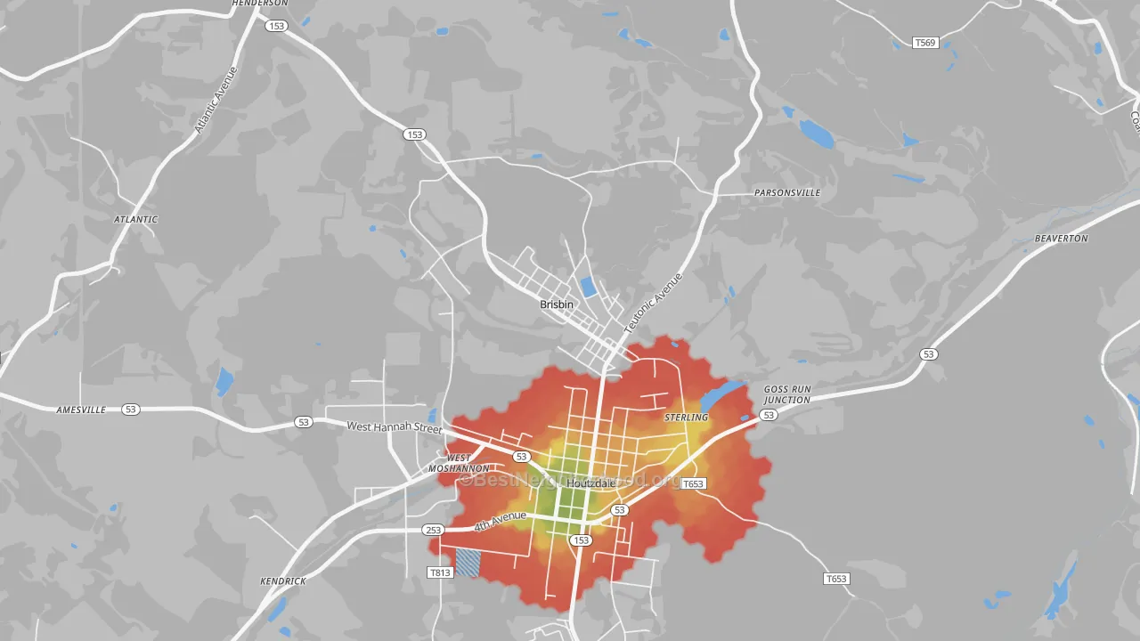 Walk Grade map of 16620, PA, walkable areas in green and car-dependent areas in red
