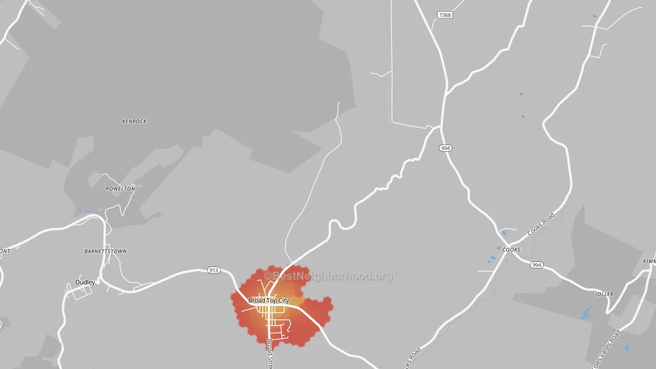 Walk Grade map of 16621, PA, walkable areas in green and car-dependent areas in red