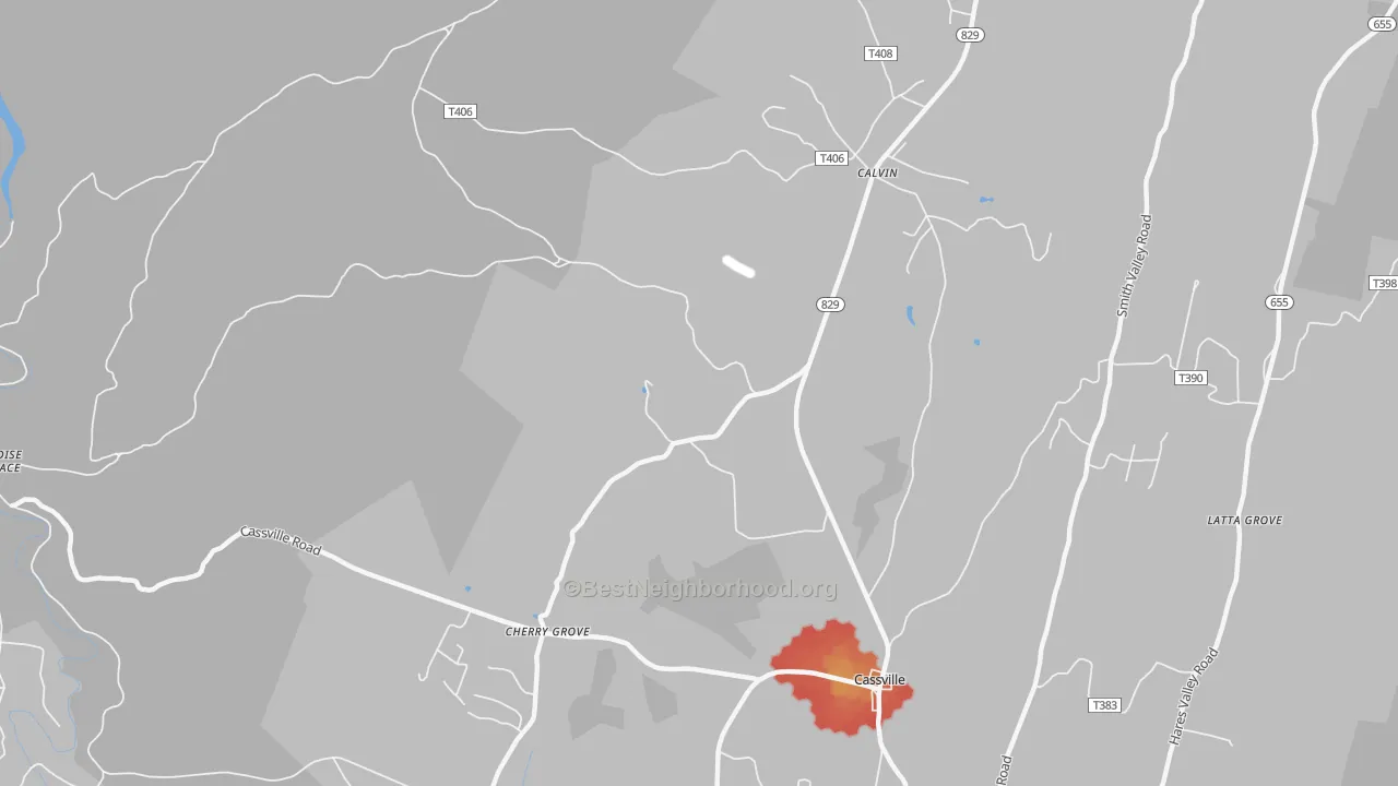 Walk Grade map of 16622, PA, walkable areas in green and car-dependent areas in red