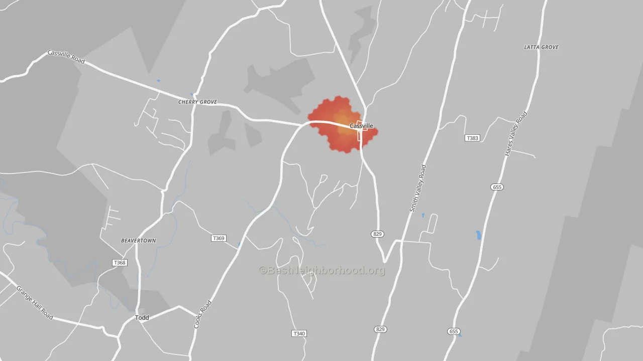 Walk Grade map of 16623, PA, walkable areas in green and car-dependent areas in red