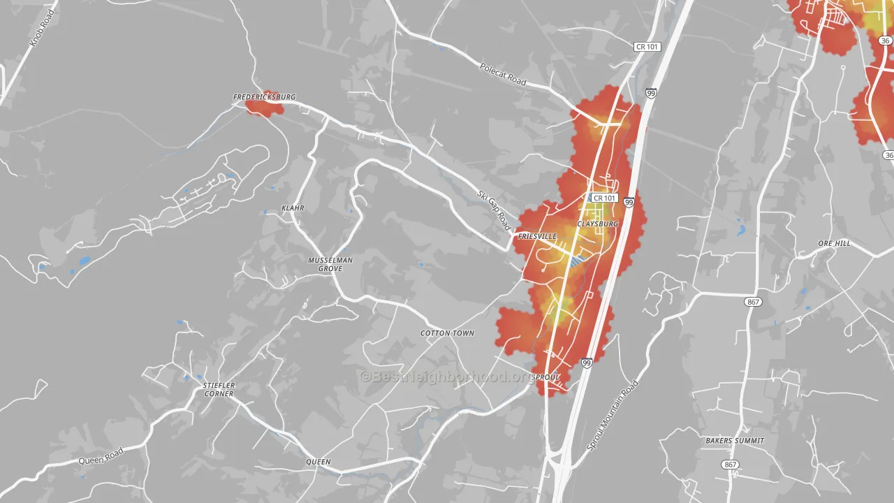 Walk Grade map of 16625, PA, walkable areas in green and car-dependent areas in red