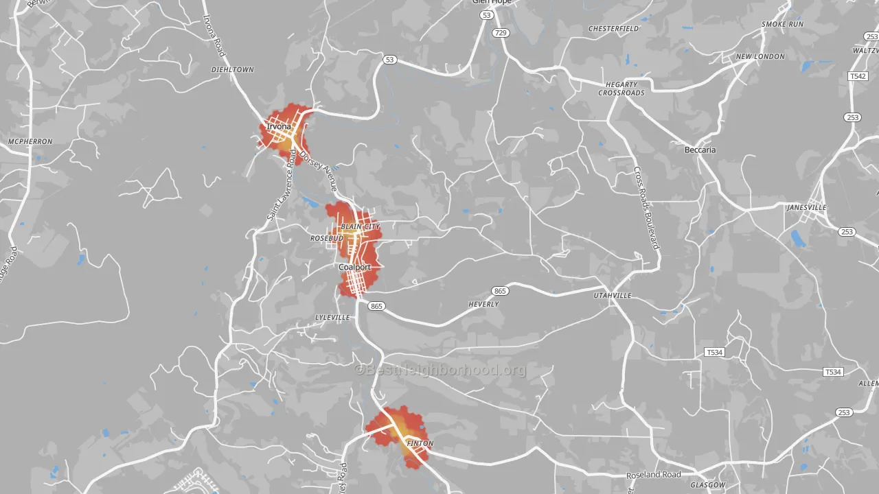 Walk Grade map of 16627, PA, walkable areas in green and car-dependent areas in red