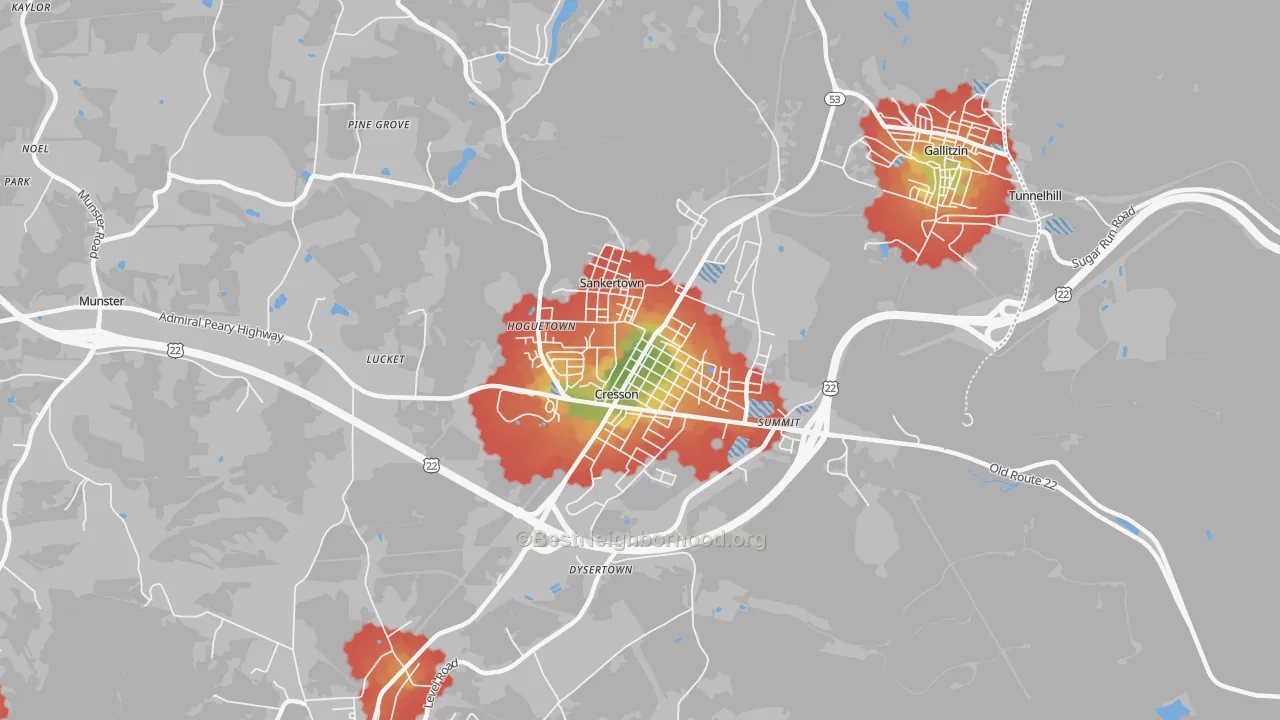 Walk Grade map of 16630, PA, walkable areas in green and car-dependent areas in red