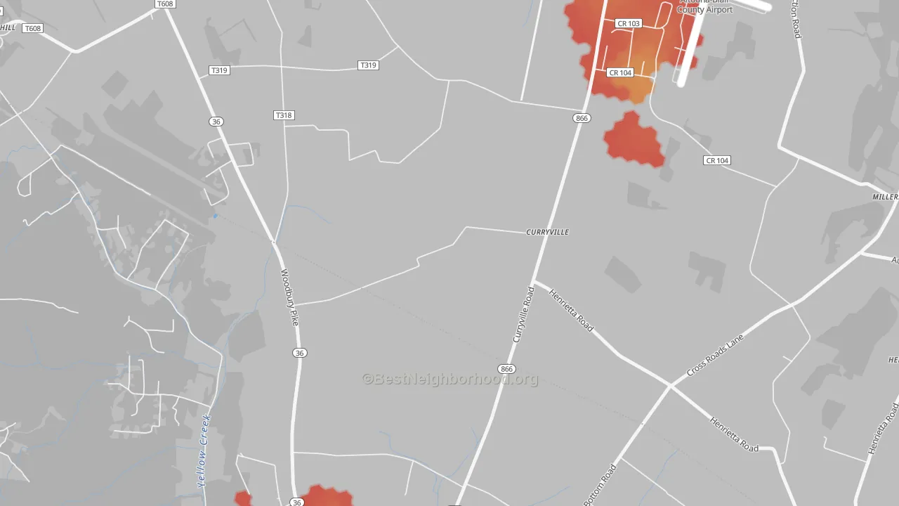 Walk Grade map of 16631, PA, walkable areas in green and car-dependent areas in red