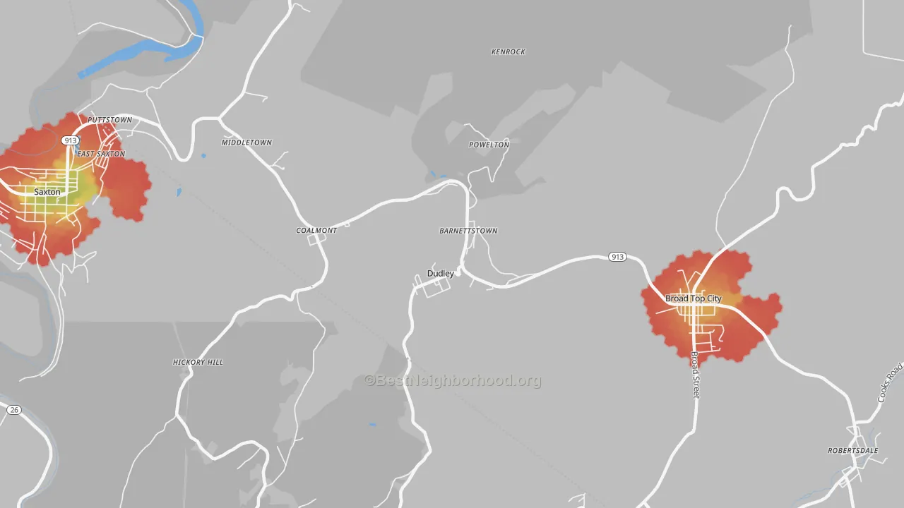 Walk Grade map of 16634, PA, walkable areas in green and car-dependent areas in red