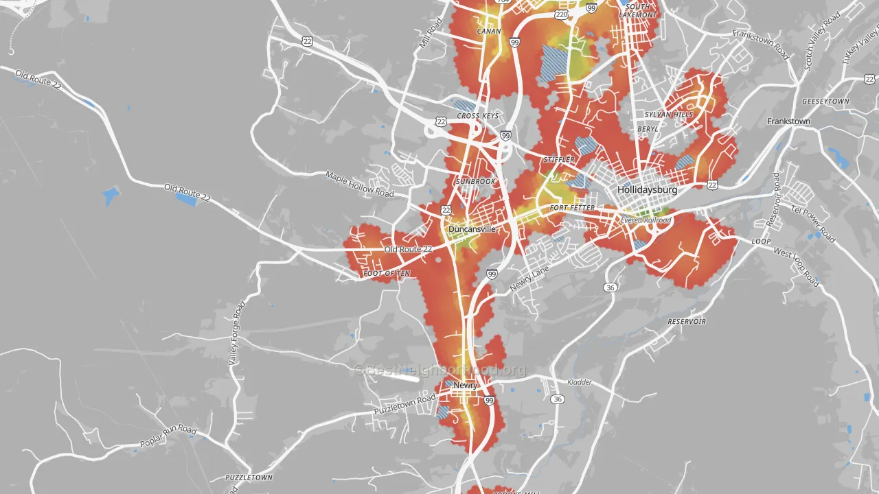 Walk Grade map of 16635, PA, walkable areas in green and car-dependent areas in red