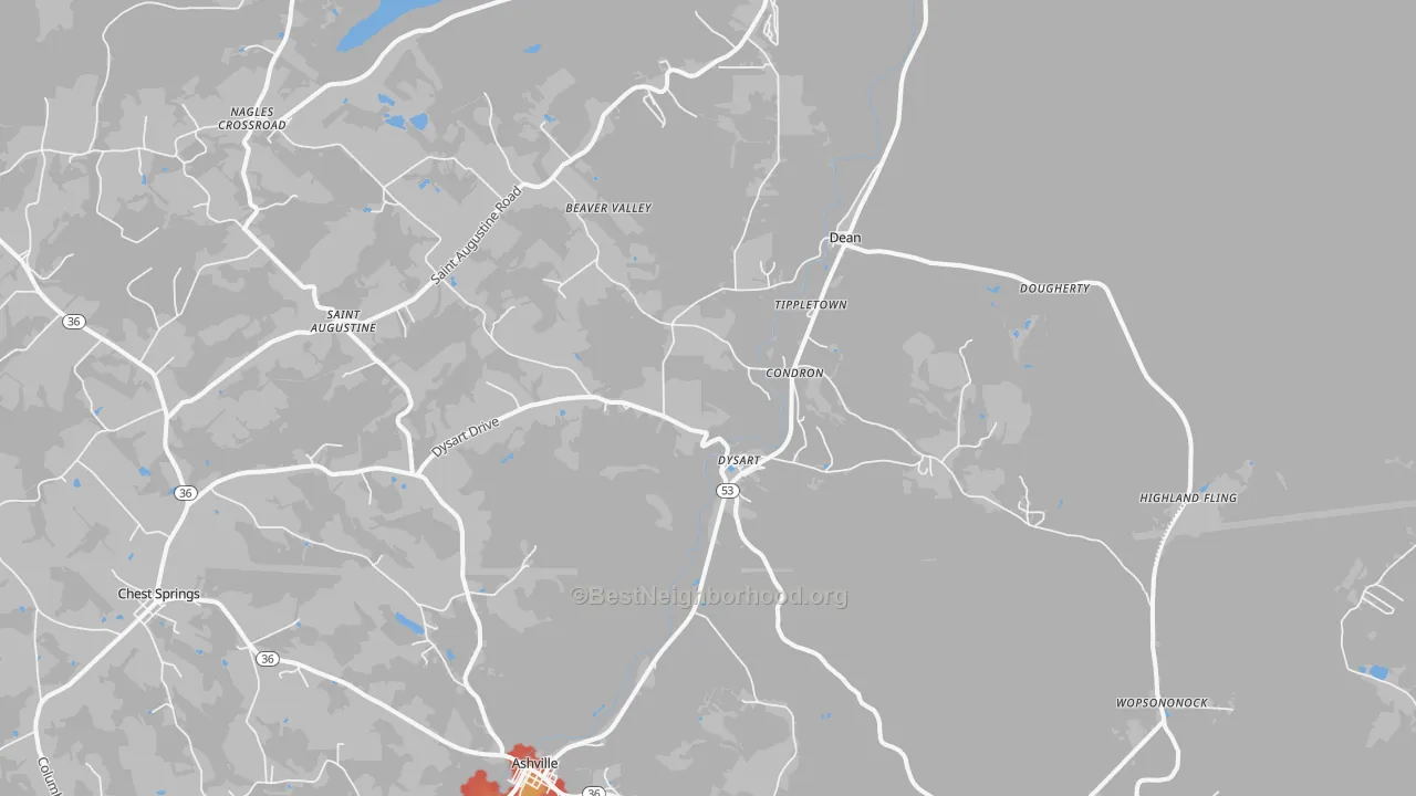 Walk Grade map of 16636, PA, walkable areas in green and car-dependent areas in red