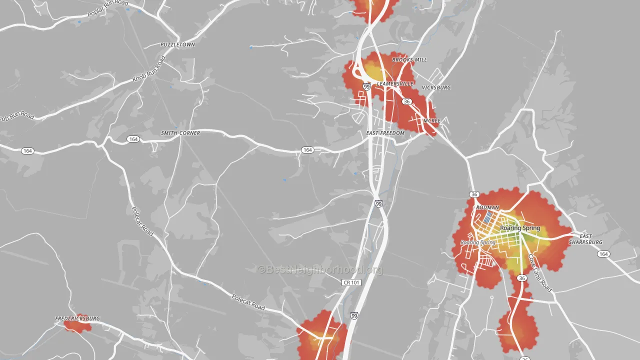 Walk Grade map of 16637, PA, walkable areas in green and car-dependent areas in red