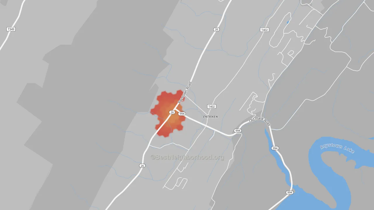 Walk Grade map of 16638, PA, walkable areas in green and car-dependent areas in red