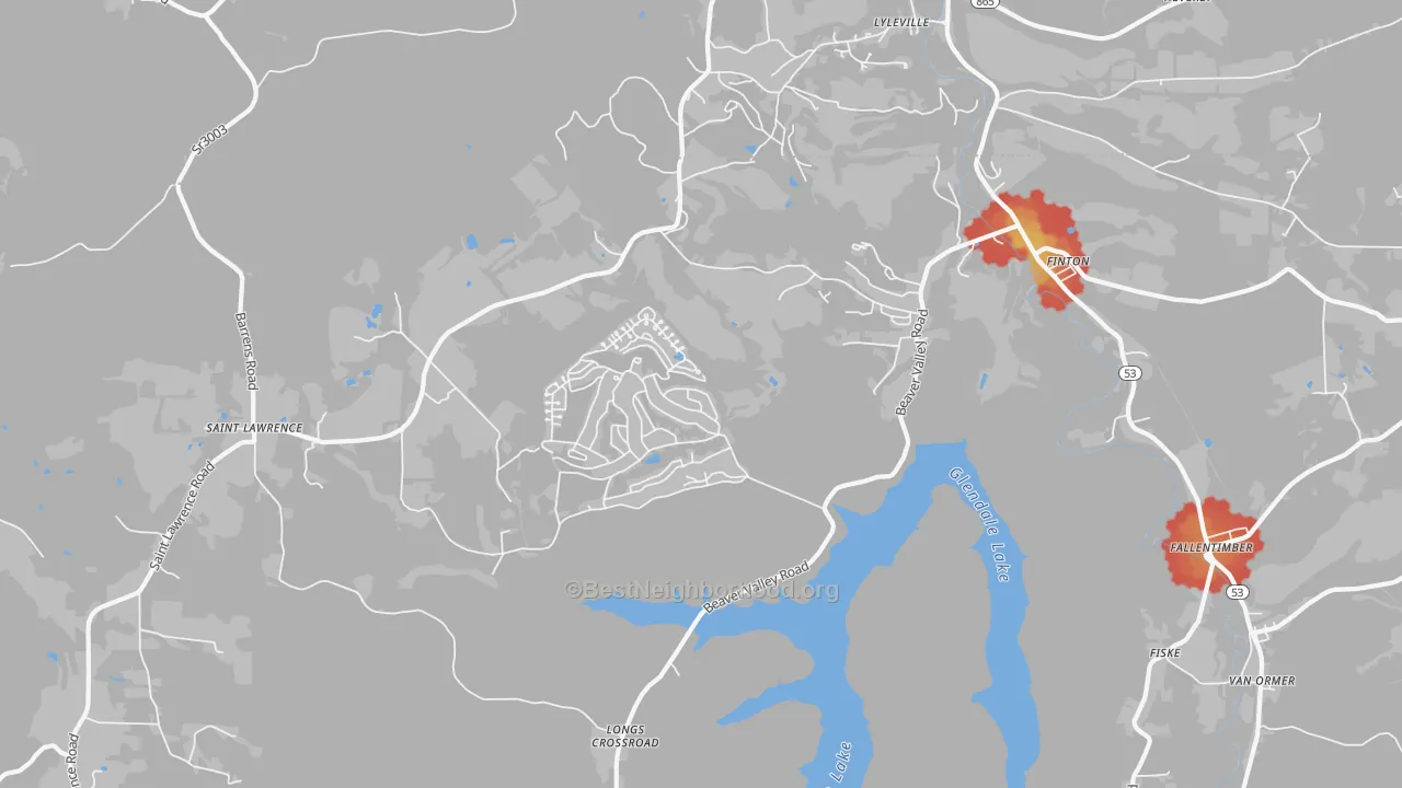 Walk Grade map of 16640, PA, walkable areas in green and car-dependent areas in red