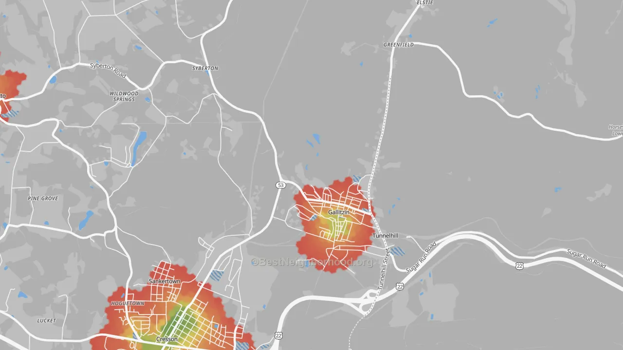 Walk Grade map of 16641, PA, walkable areas in green and car-dependent areas in red