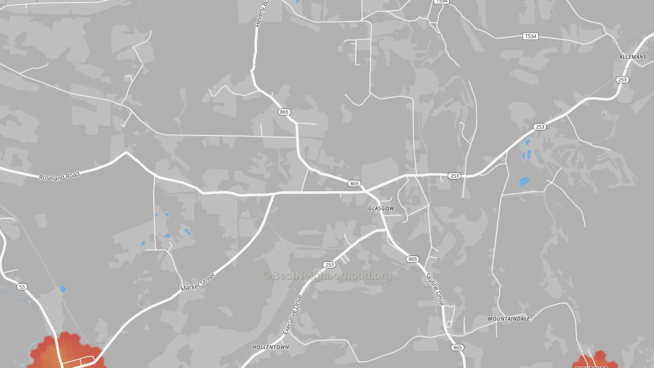 Walk Grade map of 16644, PA, walkable areas in green and car-dependent areas in red