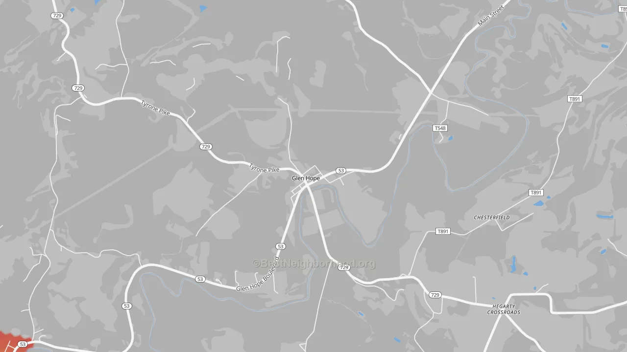 Walk Grade map of 16645, PA, walkable areas in green and car-dependent areas in red