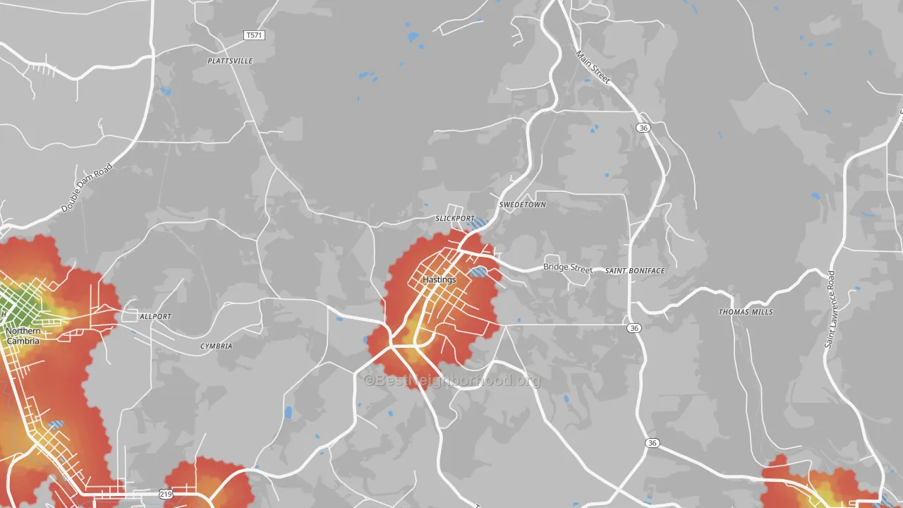 Walk Grade map of 16646, PA, walkable areas in green and car-dependent areas in red
