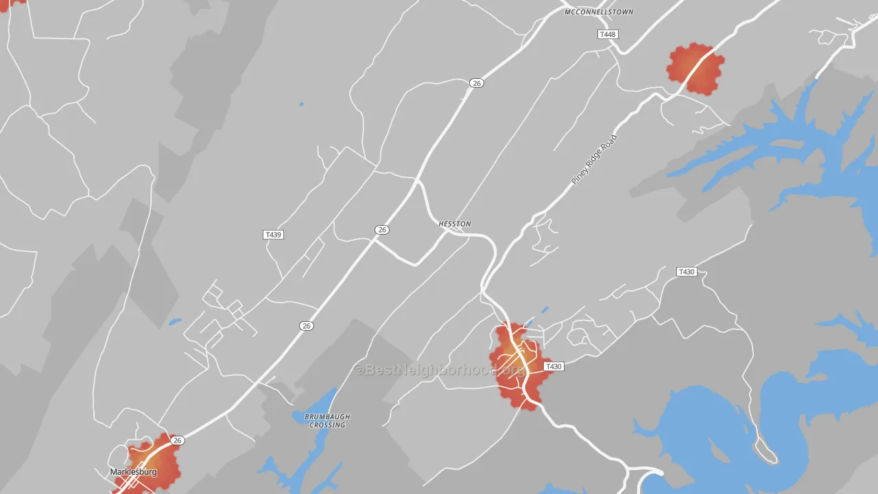 Walk Grade map of 16647, PA, walkable areas in green and car-dependent areas in red
