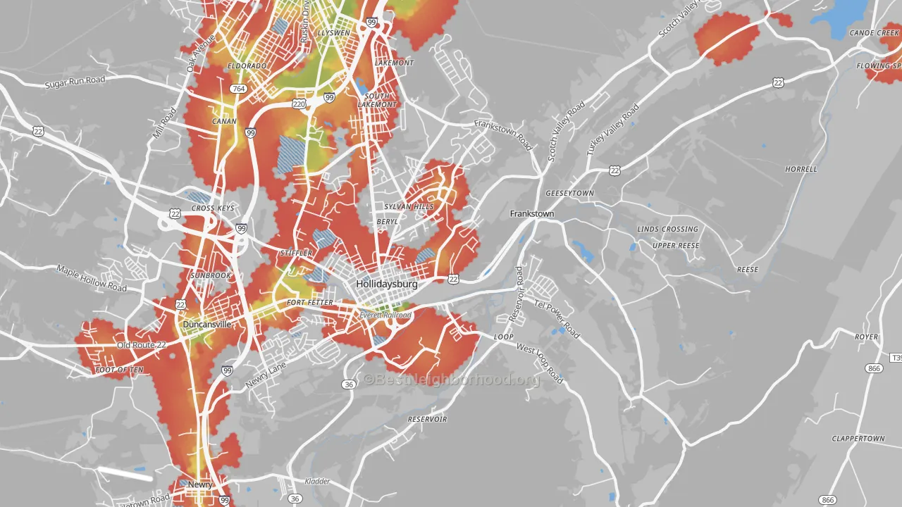Walk Grade map of 16648, PA, walkable areas in green and car-dependent areas in red