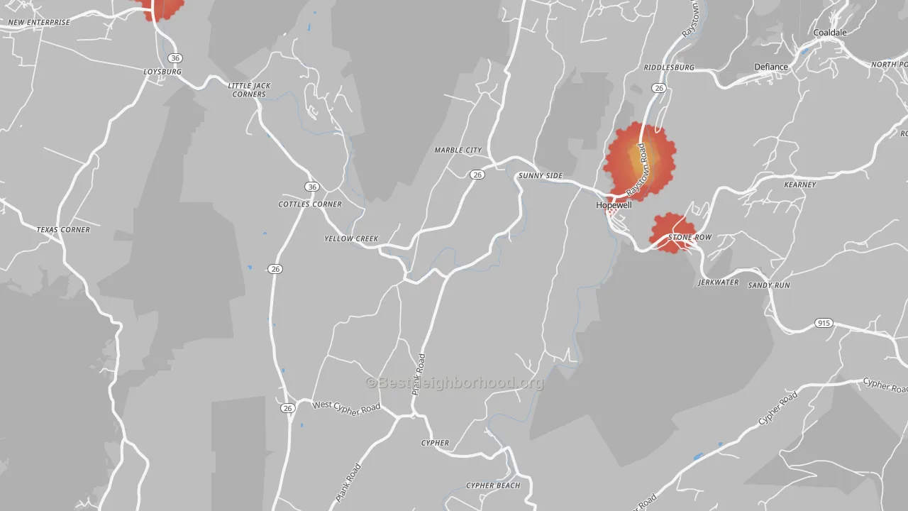 Walk Grade map of 16650, PA, walkable areas in green and car-dependent areas in red
