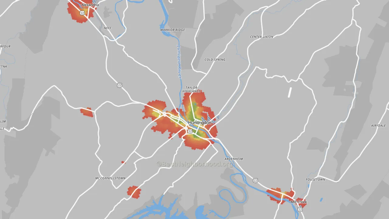 Walk Grade map of 16652, PA, walkable areas in green and car-dependent areas in red