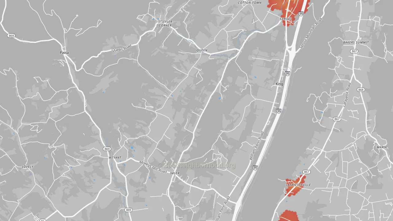 Walk Grade map of 16655, PA, walkable areas in green and car-dependent areas in red