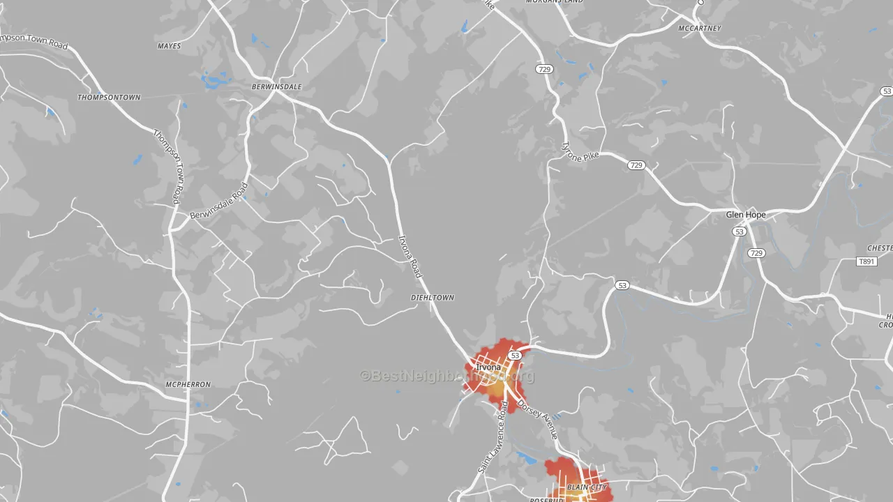 Walk Grade map of 16656, PA, walkable areas in green and car-dependent areas in red