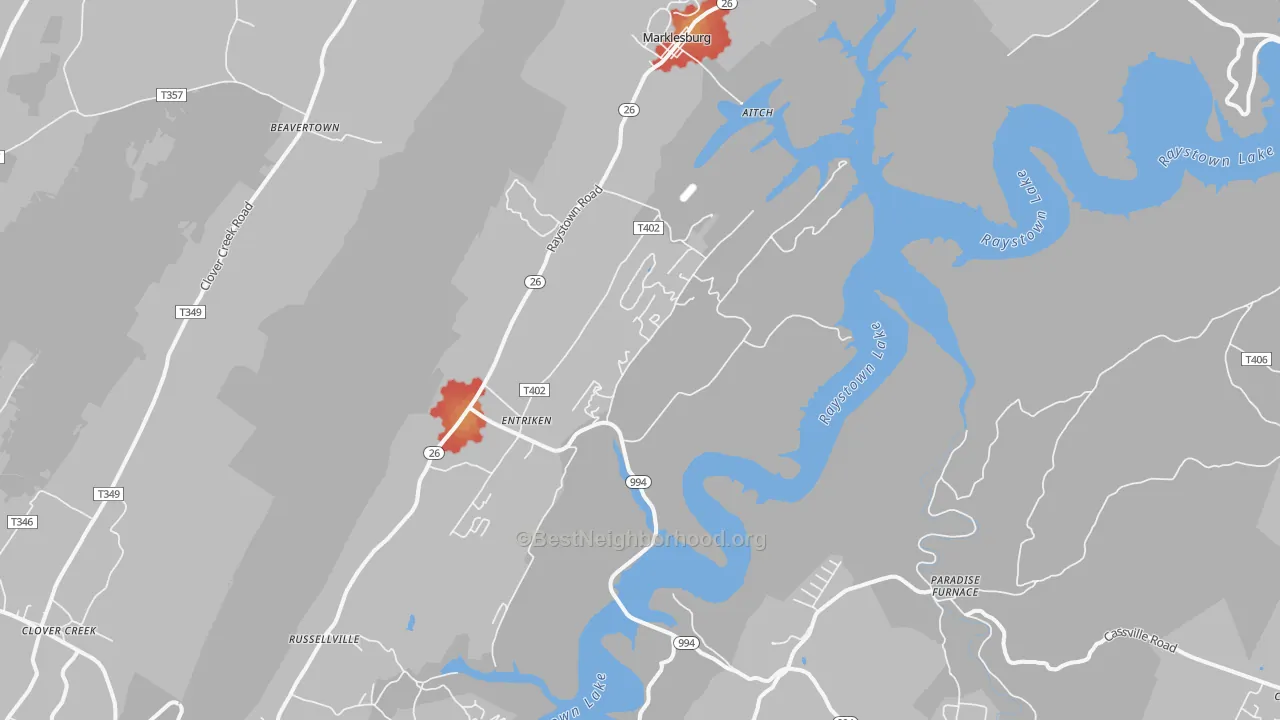Walk Grade map of 16657, PA, walkable areas in green and car-dependent areas in red
