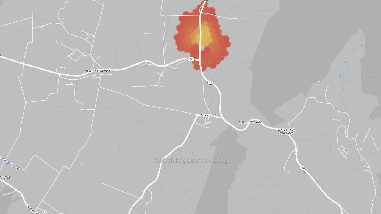Walk Grade map of 16659, PA, walkable areas in green and car-dependent areas in red