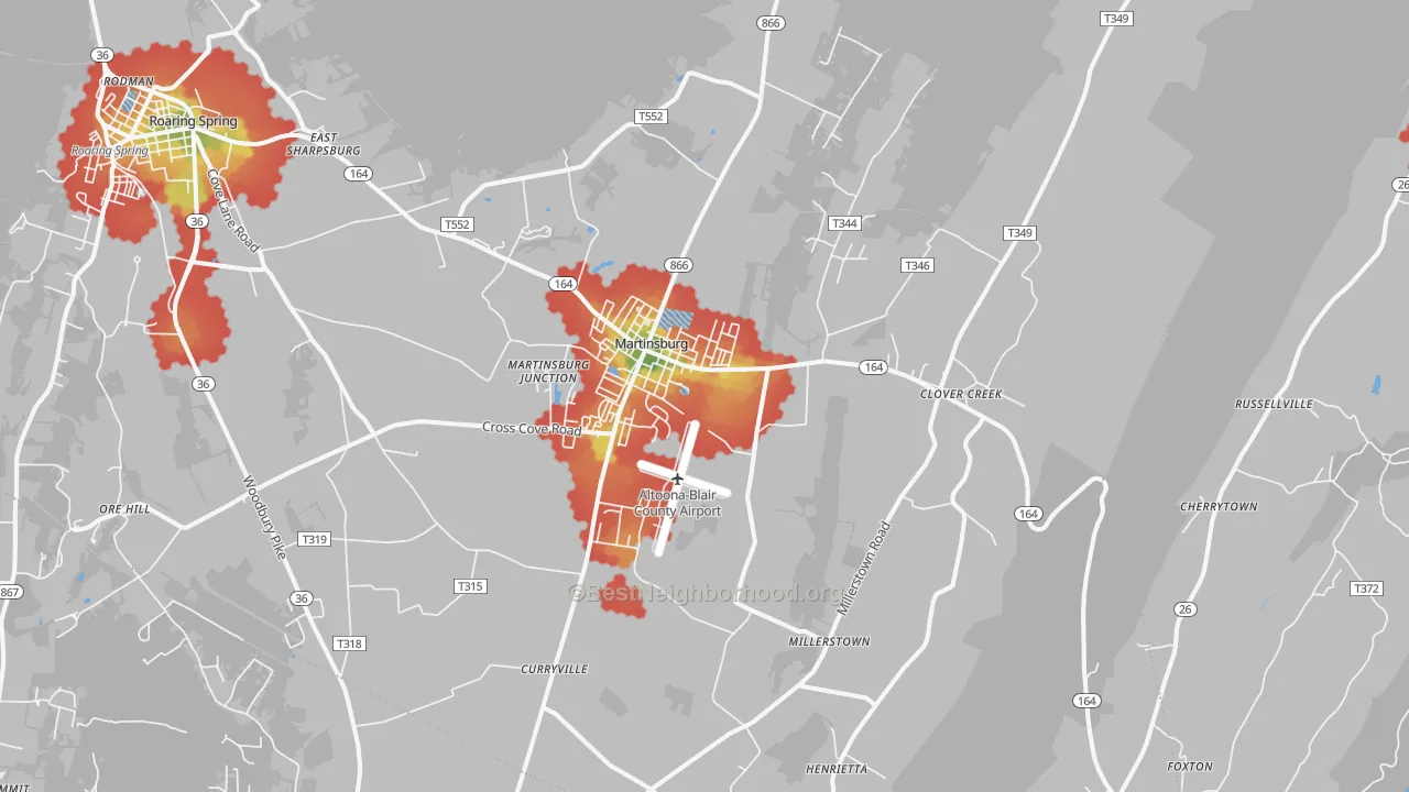 Walk Grade map of 16662, PA, walkable areas in green and car-dependent areas in red