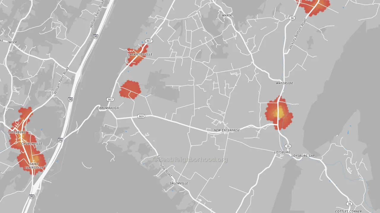 Walk Grade map of 16664, PA, walkable areas in green and car-dependent areas in red