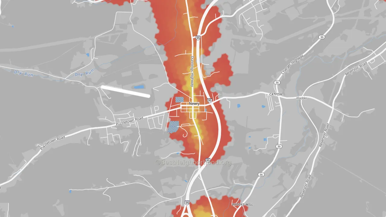 Walk Grade map of 16665, PA, walkable areas in green and car-dependent areas in red